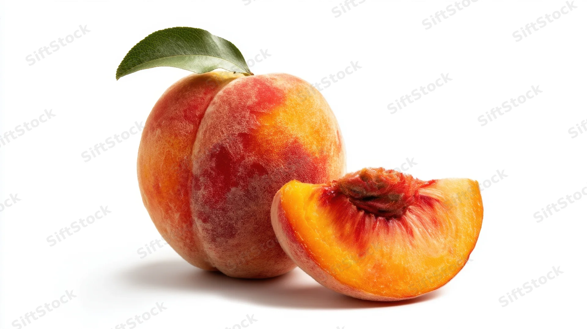Whole peach with a slice and leaf on white background