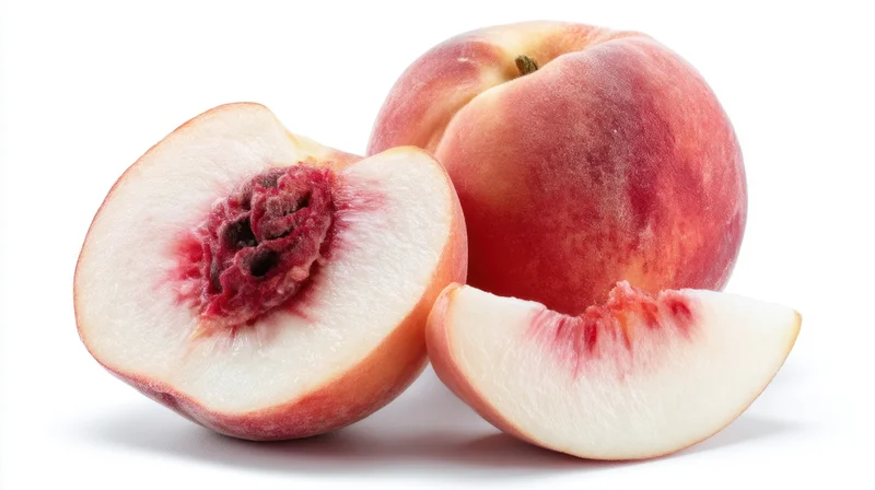 Whole and sliced peach with visible pit on white background