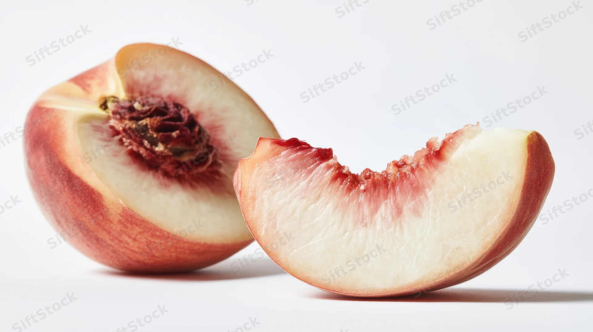 Half and slice of fresh peach on white background