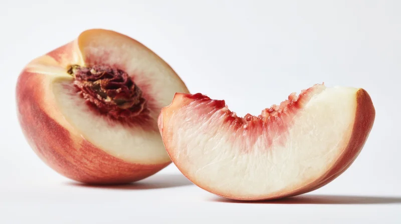 Half and slice of fresh peach on white background