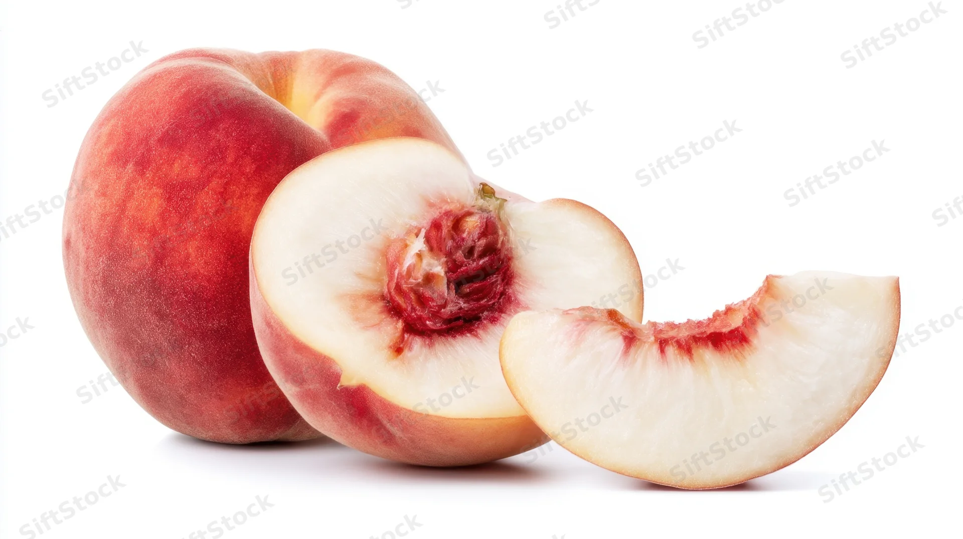 Whole and sliced peach with pit on white background