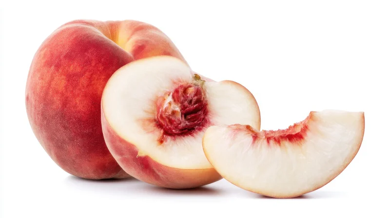 Whole and sliced peach with pit on white background