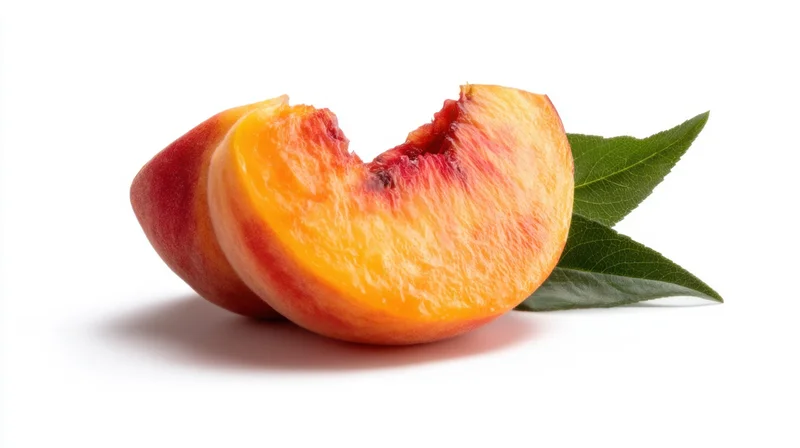 Half of a fresh peach with green leaf on white background