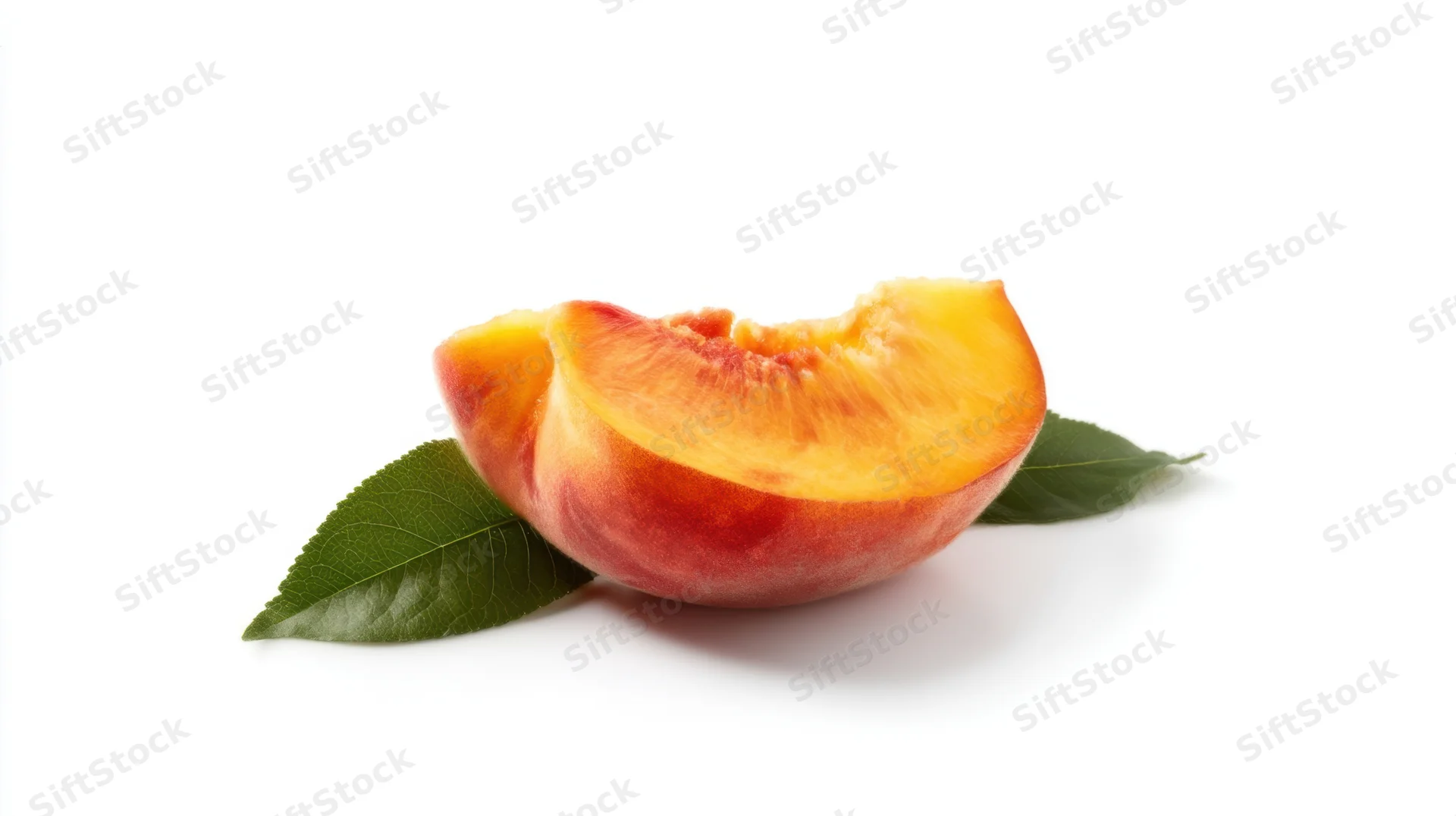 Slice of fresh peach with green leaves on white background