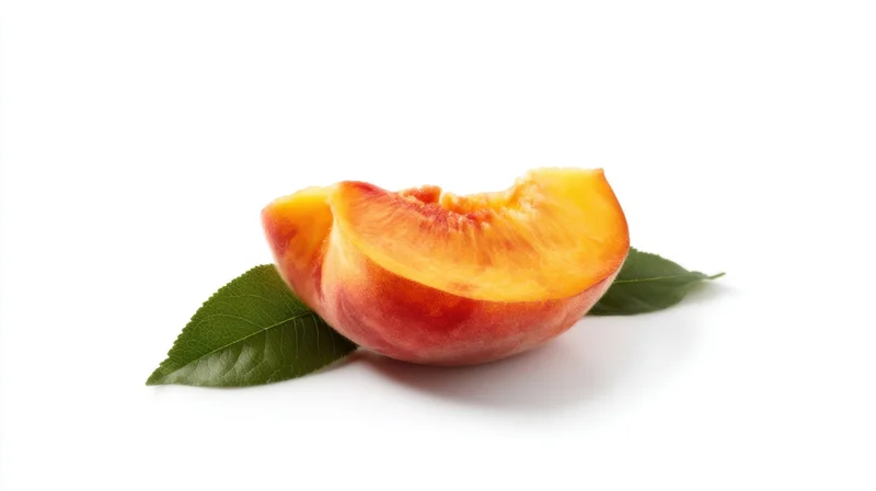 Slice of fresh peach with green leaves on white background