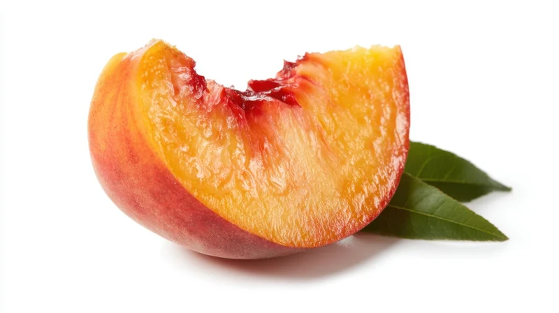 Slice of fresh peach with green leaf on white background