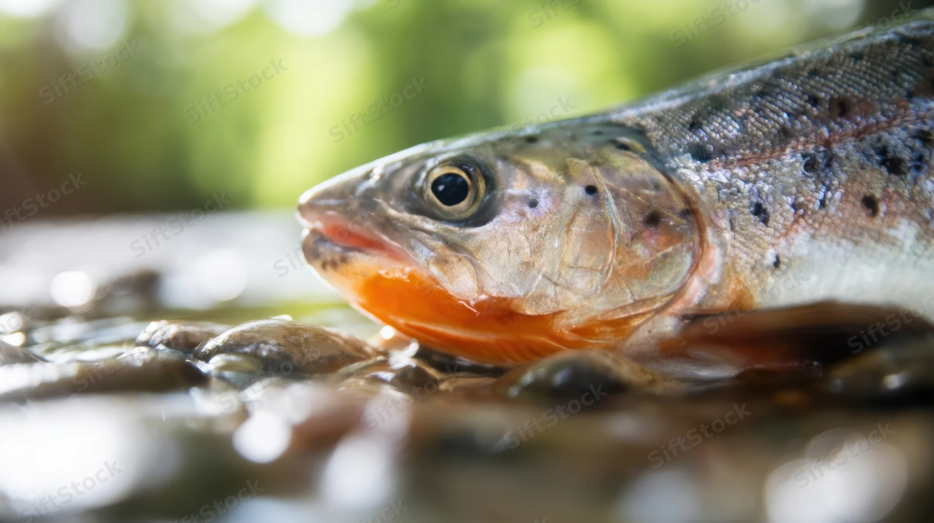 Trout resting in shallow river water among pebbles with sunlight filtering through trees