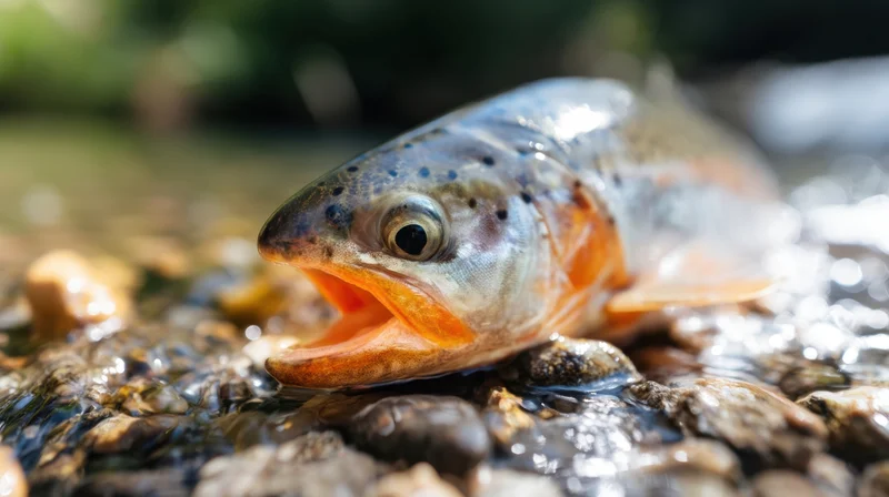 Trout with open mouth resting on wet rocks in a shallow stream