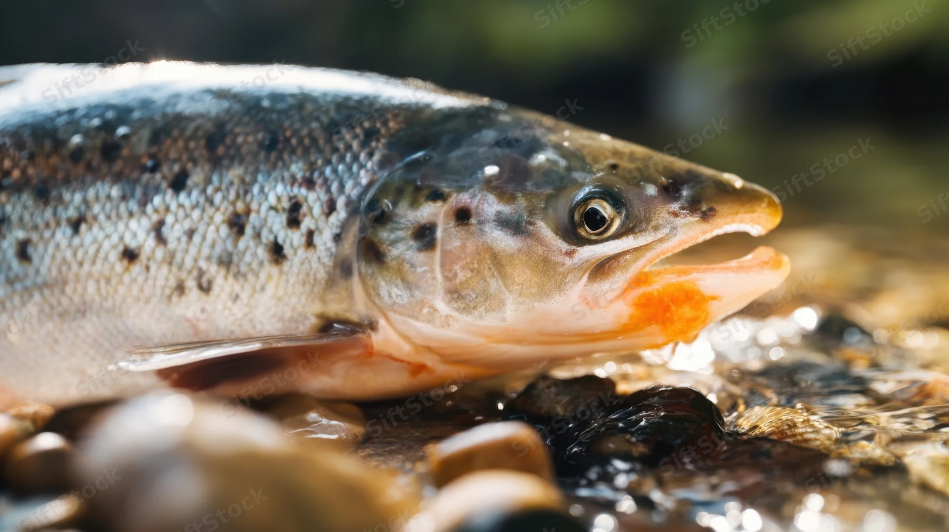 Closeup of a fresh salmon lying in shallow river water with open mouth and wet scales visible on rocky streambed