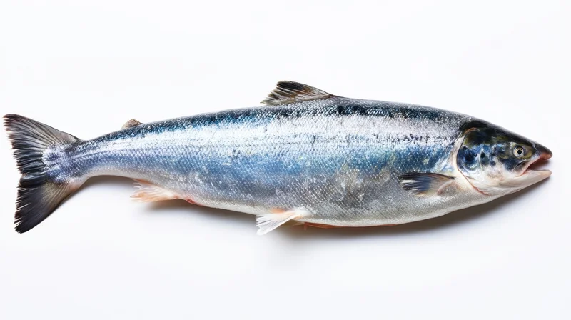 Whole fresh salmon lying on white surface side view