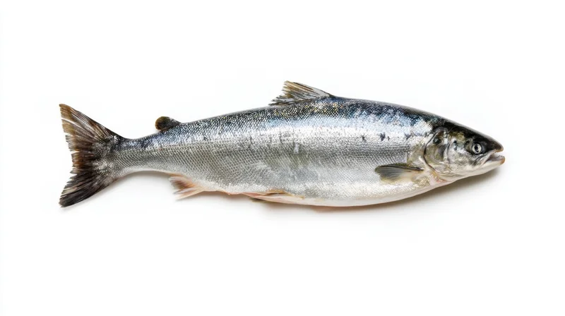 Whole fresh salmon lying on white surface