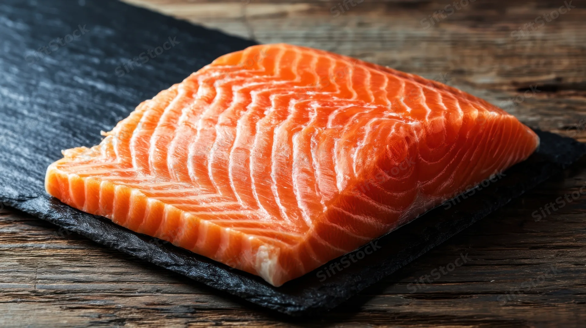 Raw salmon fillet on a slate board over wooden surface