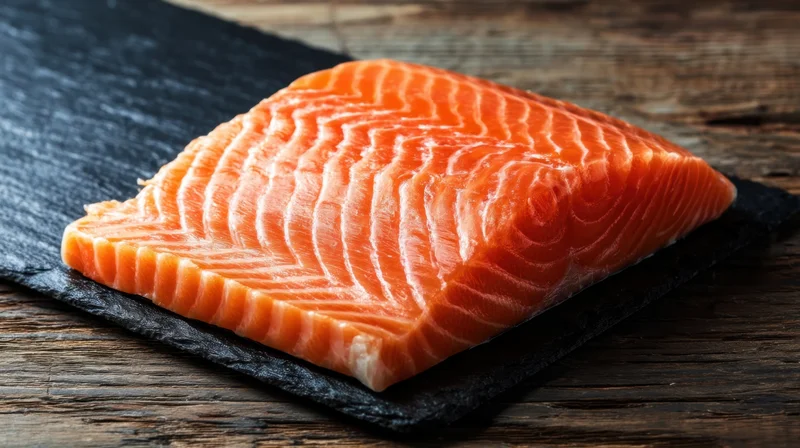 Raw salmon fillet on a slate board over wooden surface