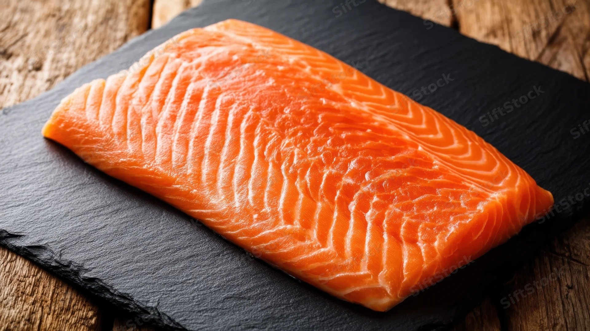 Raw salmon fillet on black slate cutting board on wooden table