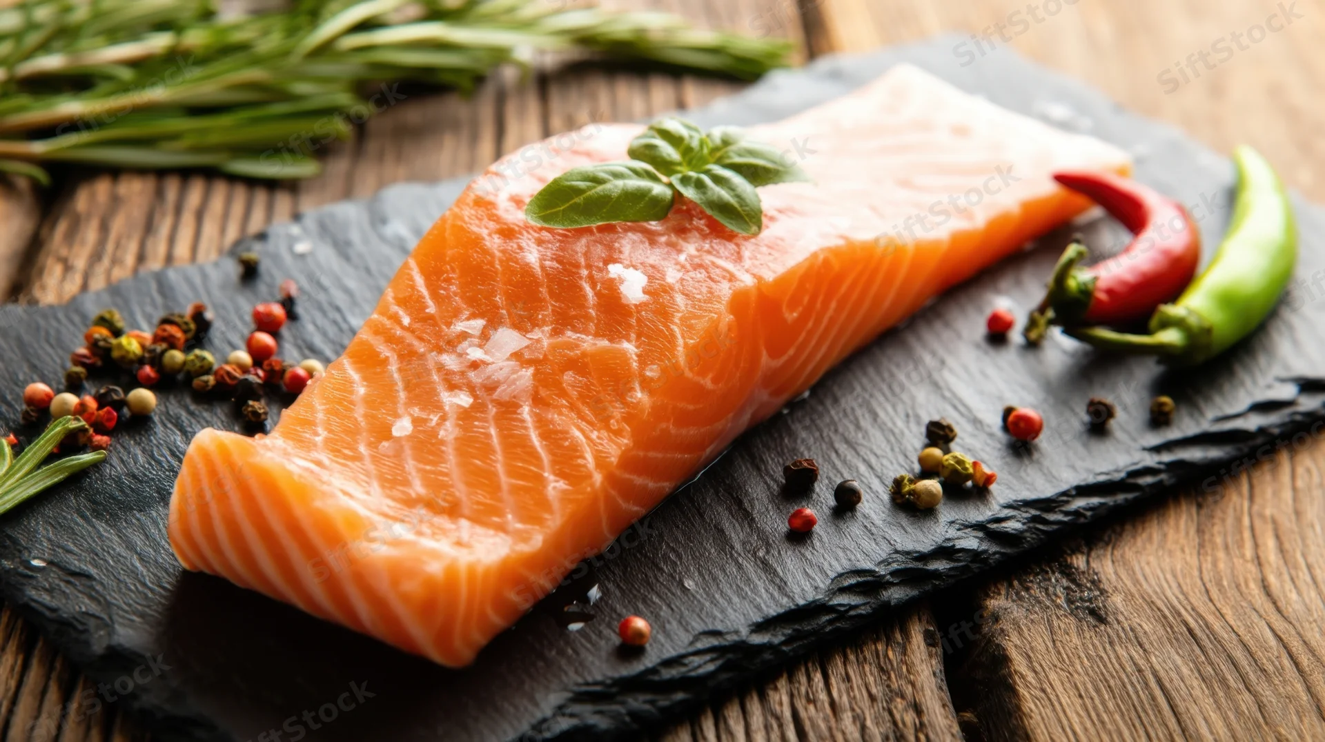 Raw salmon fillet on slate board with herbs and spices arranged on wooden surface