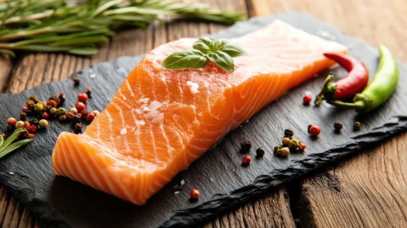 Raw salmon fillet on slate board with herbs and spices arranged on wooden surface