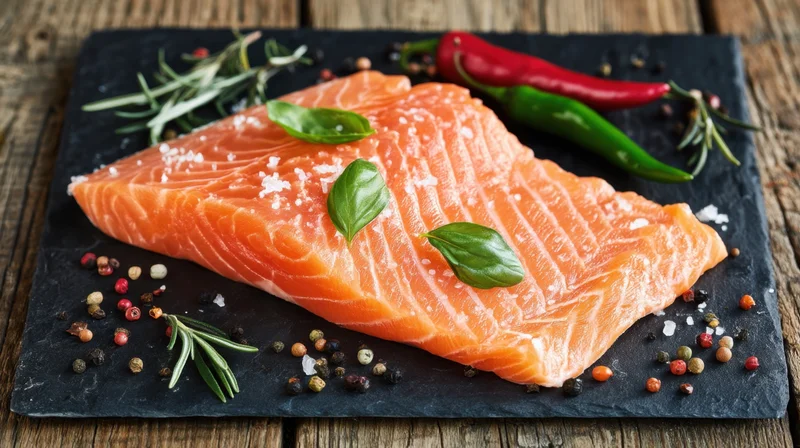 Raw salmon fillet garnished with herbs and spices on a slate board over wooden surface