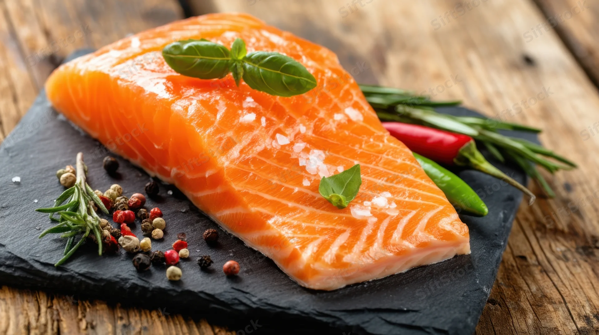 Raw salmon fillet garnished with herbs and spices on a slate board over wooden surface