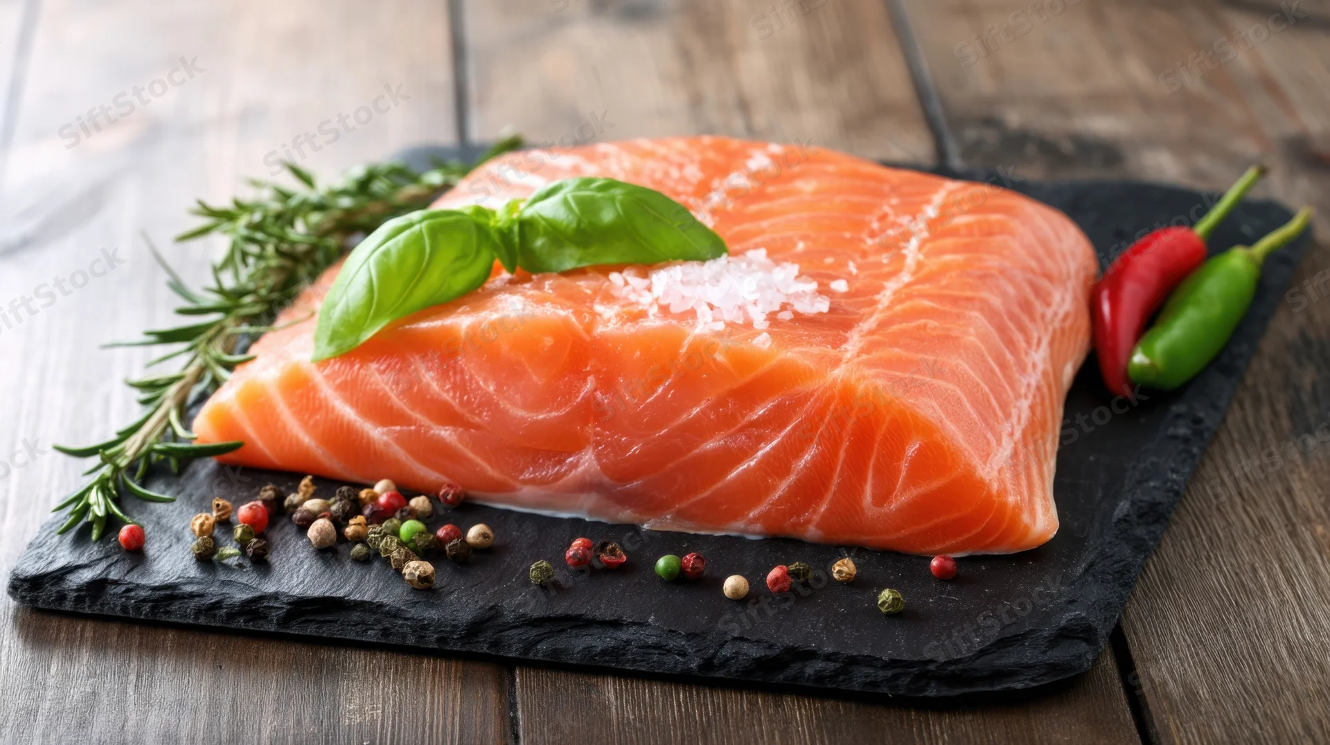 Raw salmon fillet garnished with herbs and spices on a slate board over wooden table