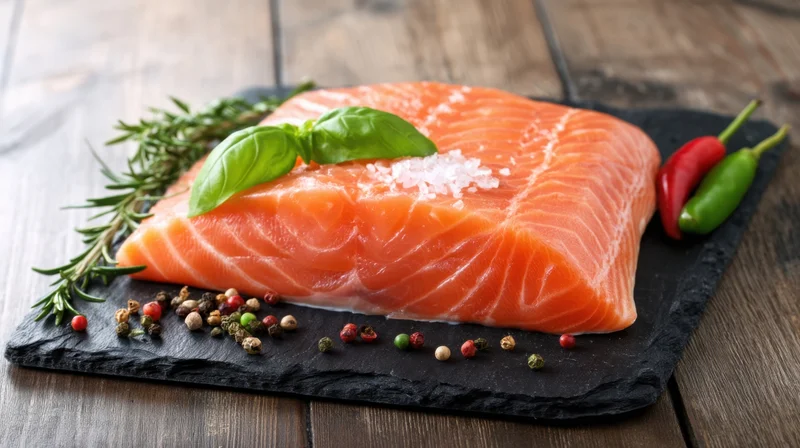 Raw salmon fillet garnished with herbs and spices on a slate board over wooden table