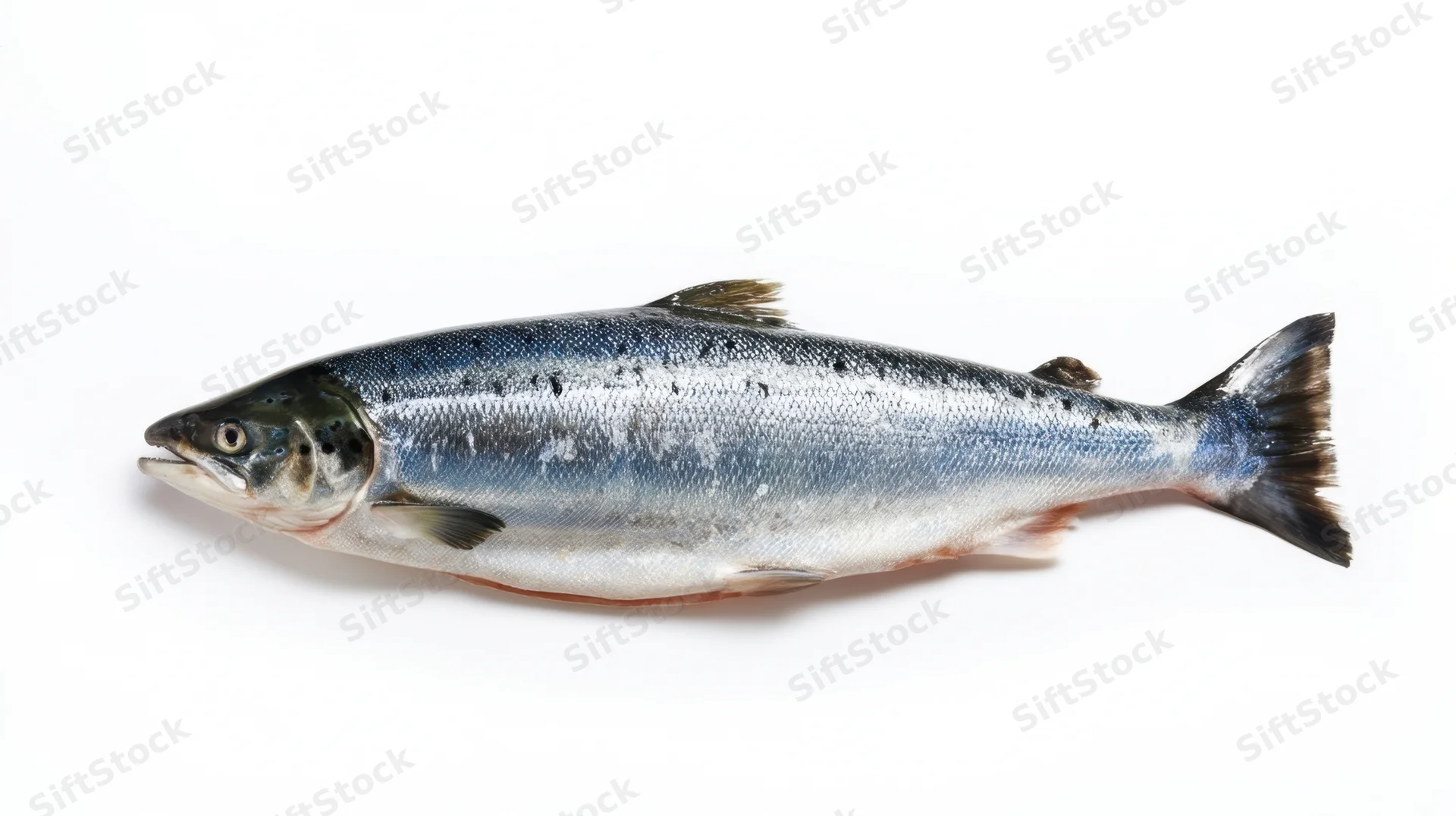 Whole fresh salmon lying on white surface side view