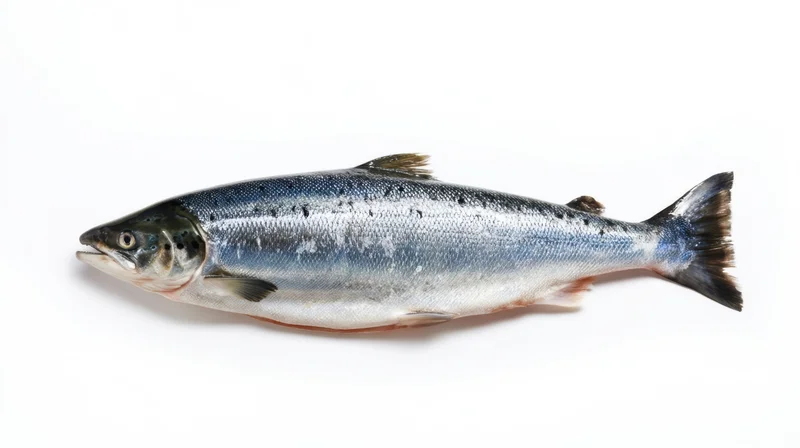 Whole fresh salmon lying on white surface side view