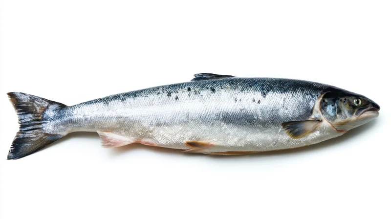 Whole fresh salmon lying on white background