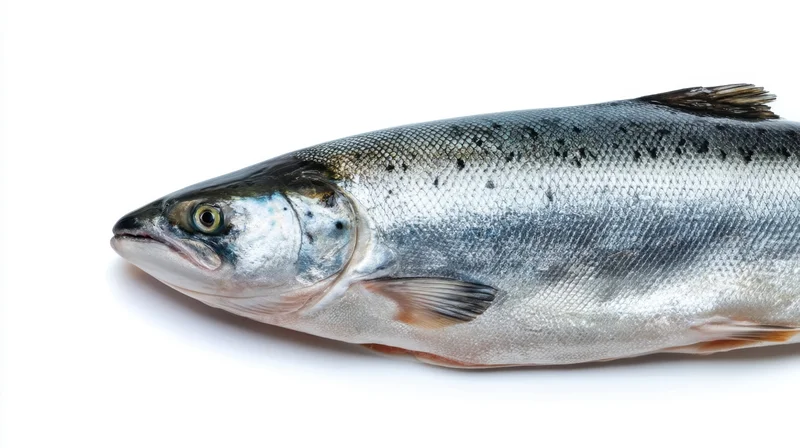 Whole fresh salmon lying on white surface side view
