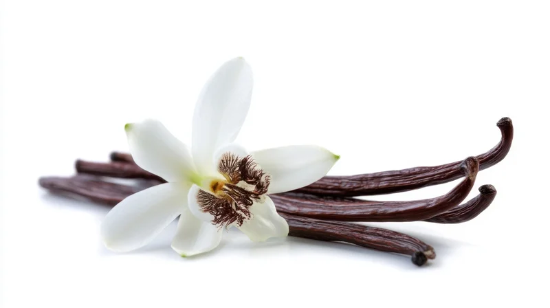 White vanilla flower with dried brown pods arranged on white background