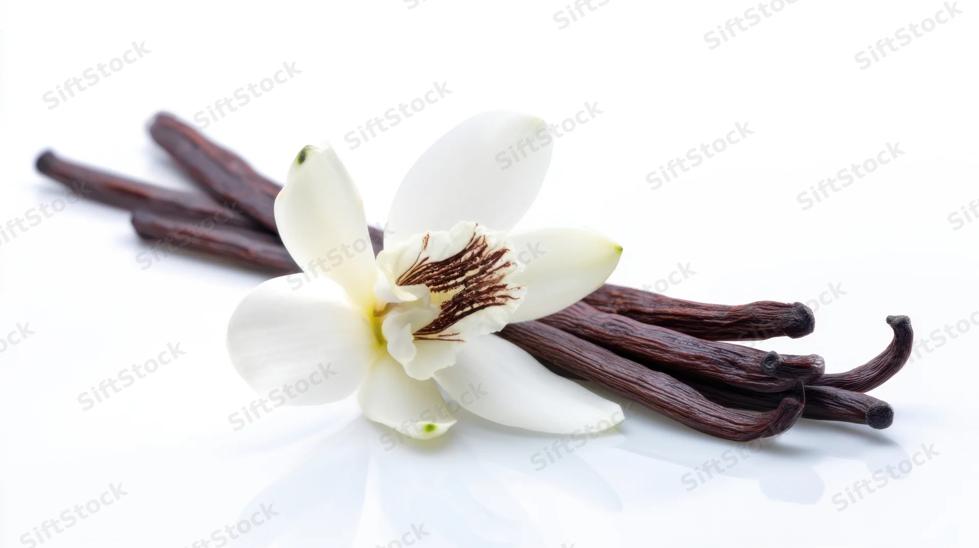 White vanilla flower with dried pods arranged on a reflective white surface