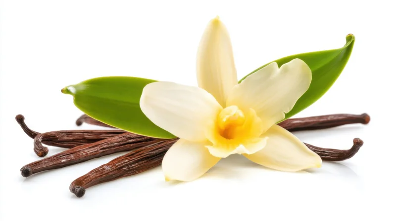 Vanilla flower with green leaves and dried pods arranged on white background