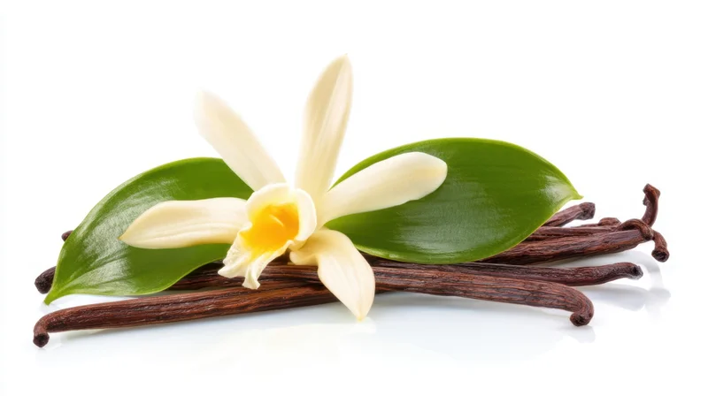 Vanilla flower and pods with green leaves arranged on white background