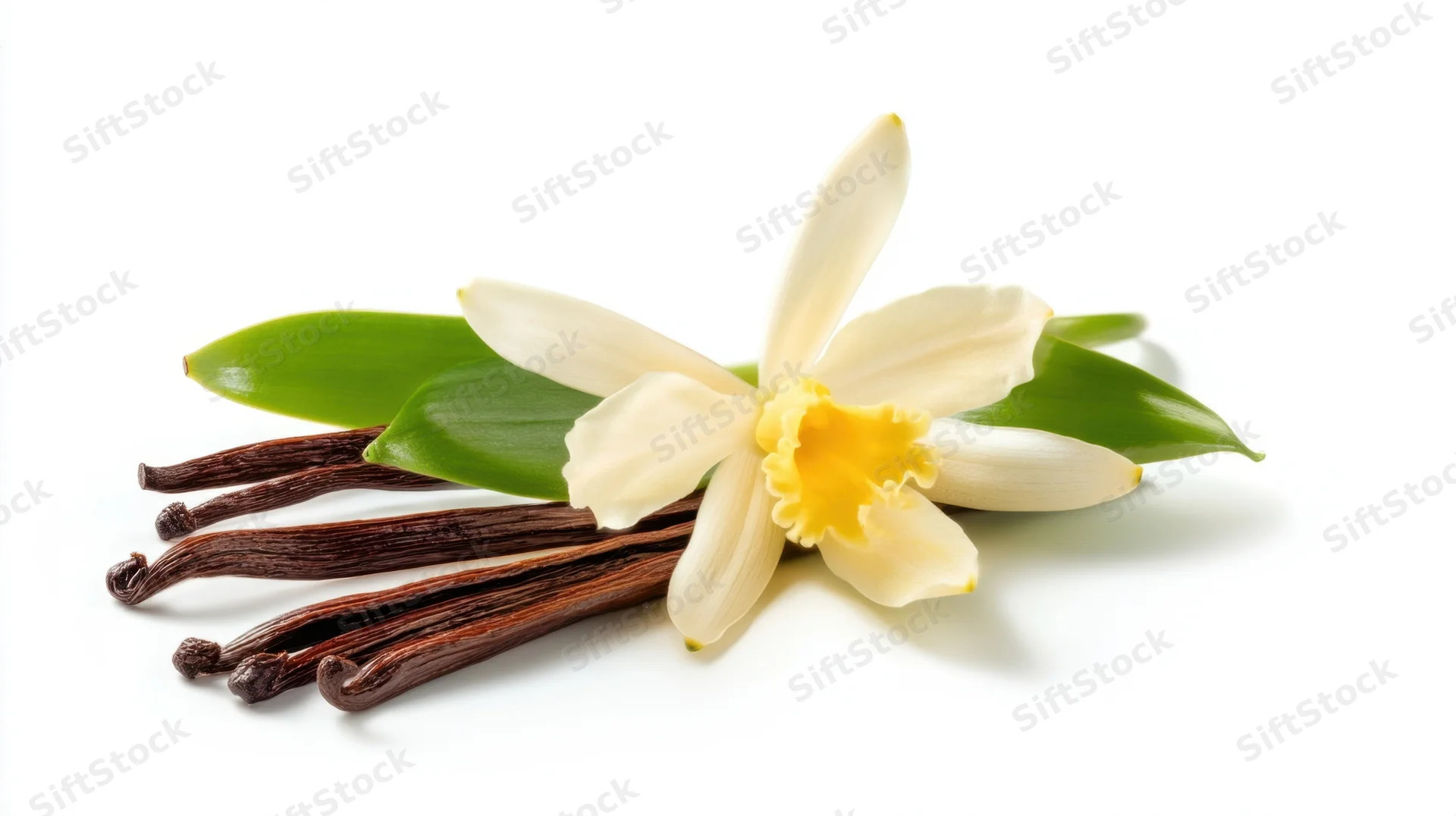 Vanilla flower and dried pods with green leaves on white background