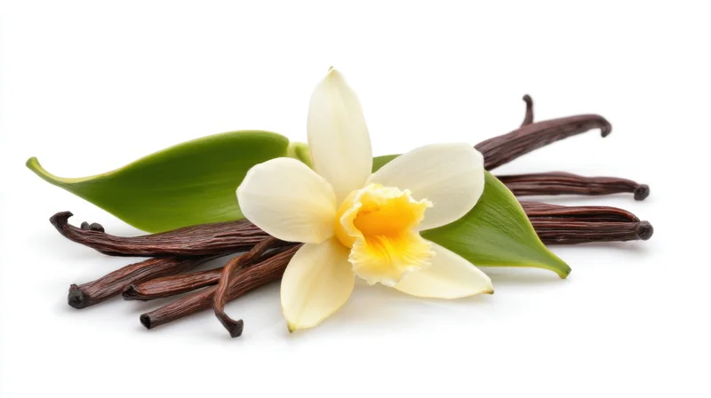 Vanilla flower with dried pods and green leaves arranged on white background