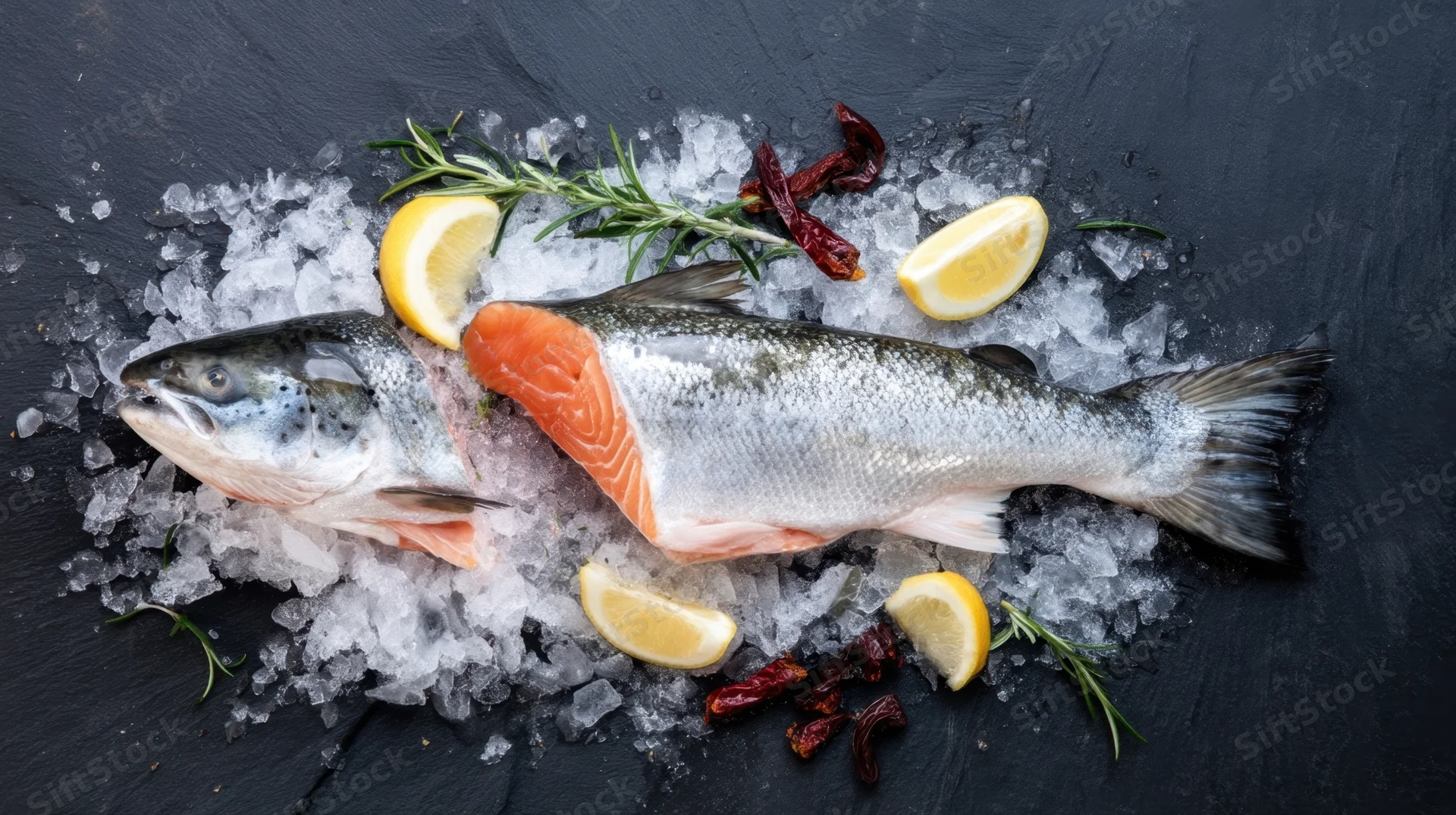 Whole and filleted salmon on ice with lemon, rosemary, and chili on a black slate surface