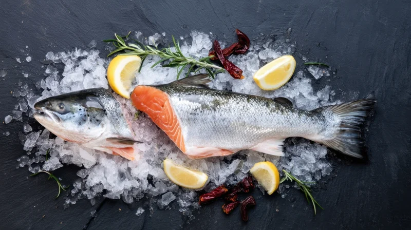 Whole and filleted salmon on ice with lemon, rosemary, and chili on a black slate surface