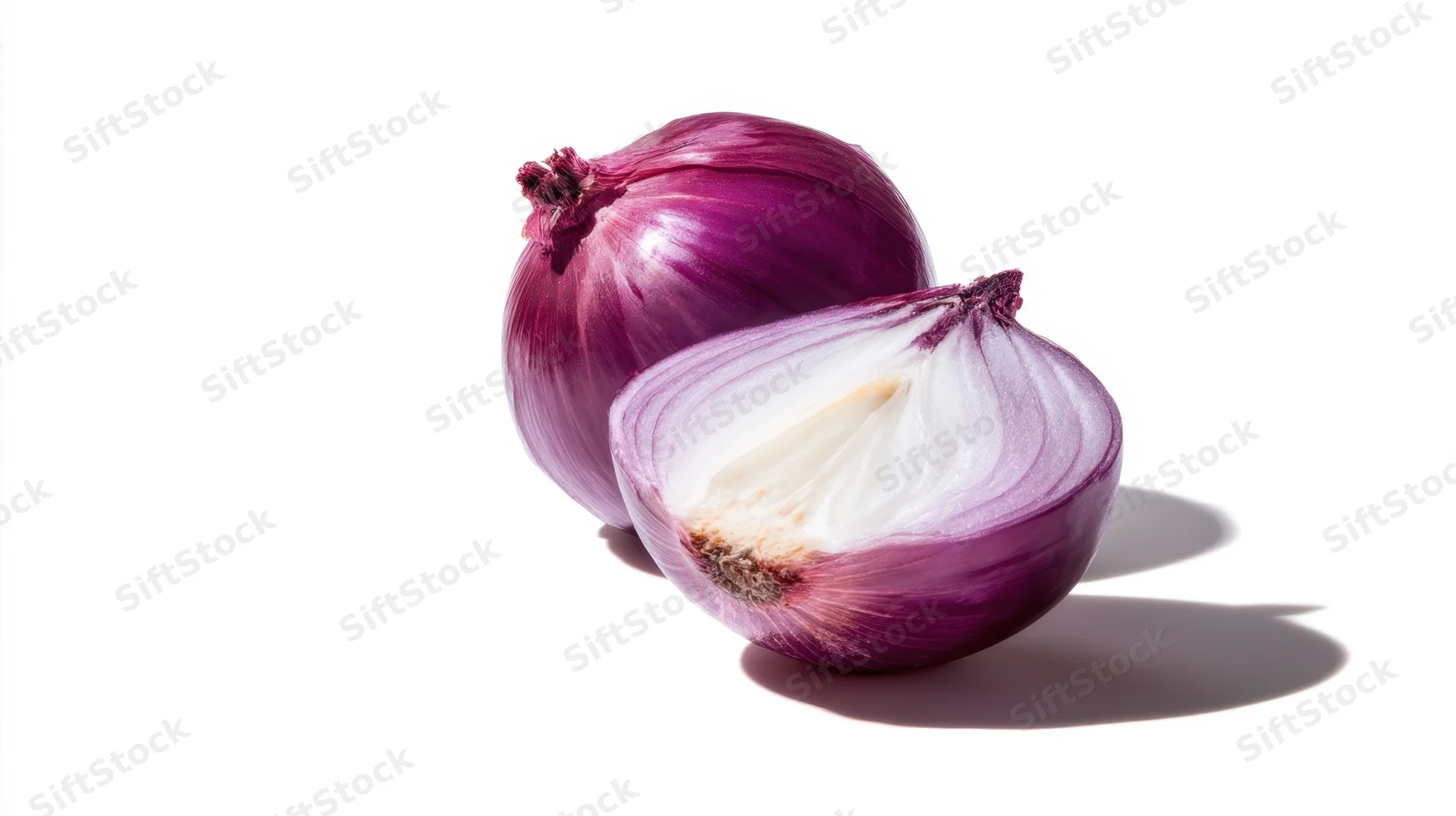 Whole and halved red onion on white background with shadow