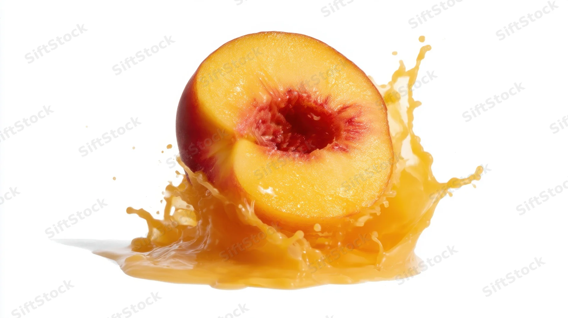 Halved peach with juice splashing on white background
