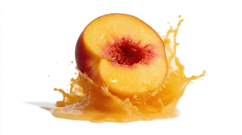 Halved peach with juice splashing on white background