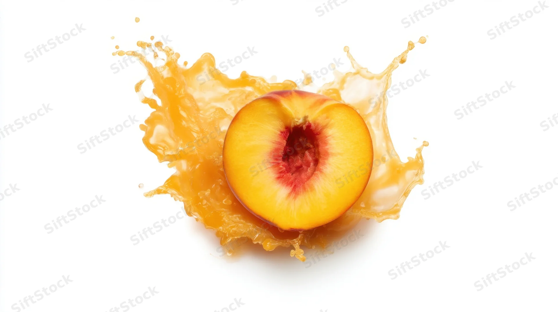 Half peach with juice splashing against white background