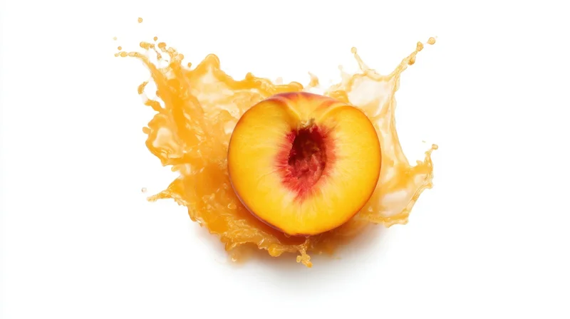 Half peach with juice splashing against white background