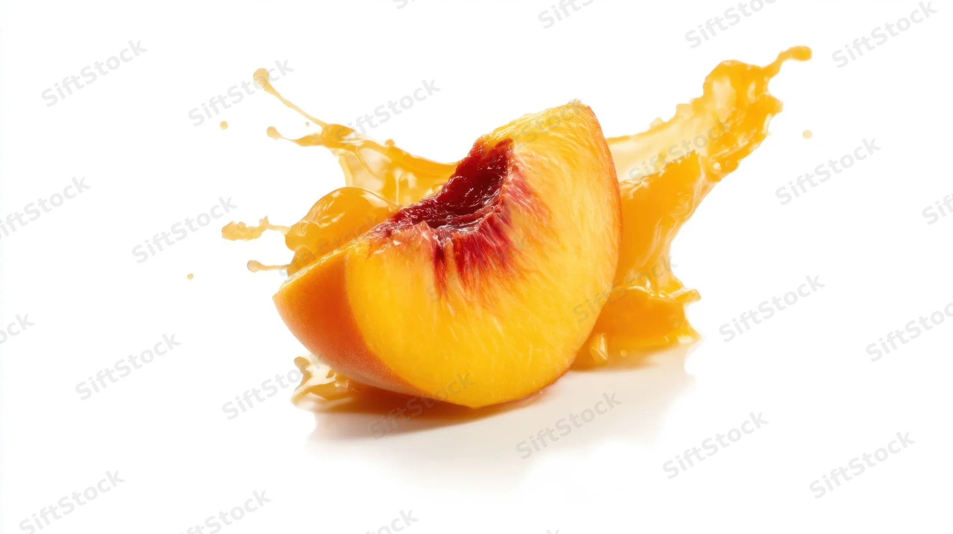Slice of peach with juice splashing on white background
