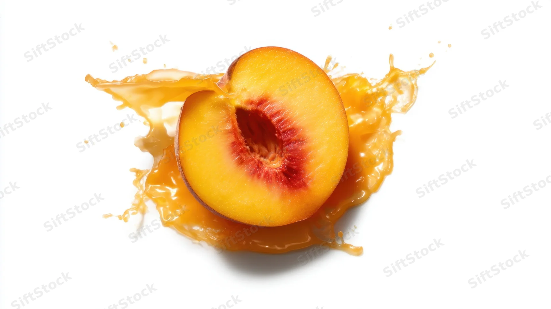 Half peach with juice splashing on white background