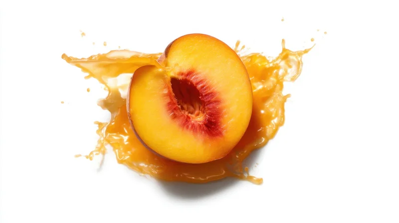 Half peach with juice splashing on white background