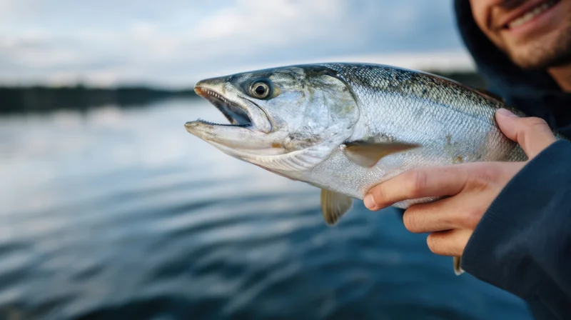 Man holding a freshly caught salmon by a lake