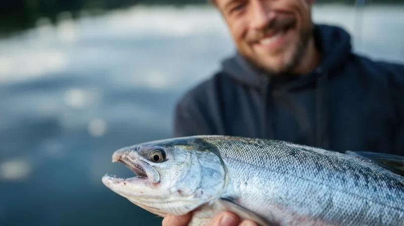 Man holding a freshly caught salmon by a river, smiling at the camera