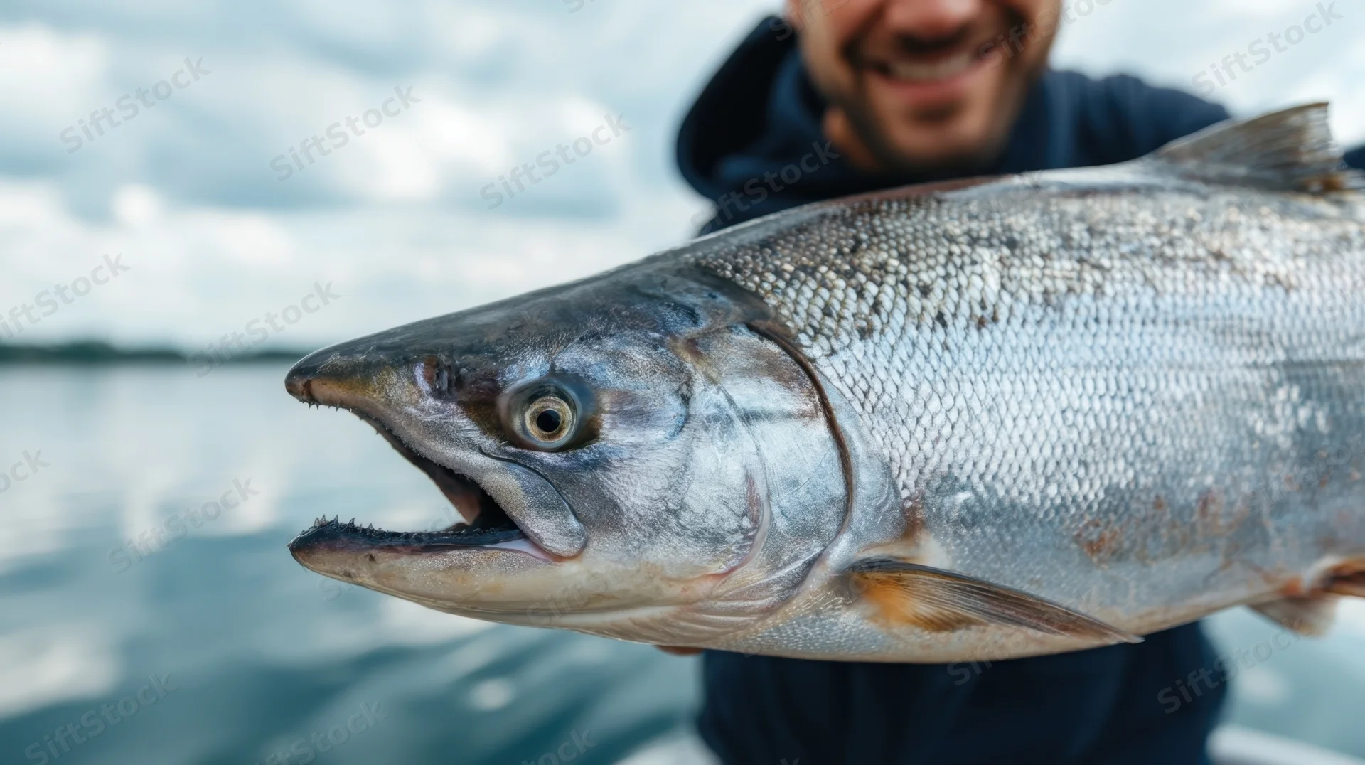 Man holding a large salmon fish with open mouth on a lake