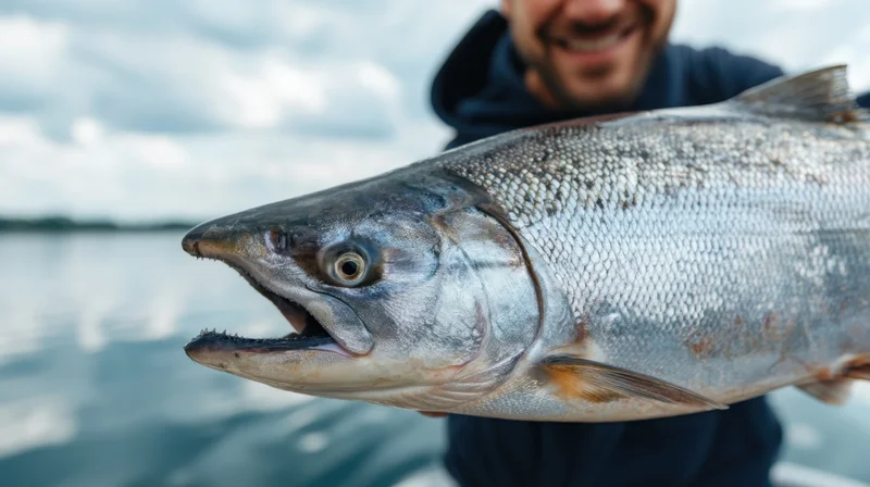 Man holding a large salmon fish with open mouth on a lake