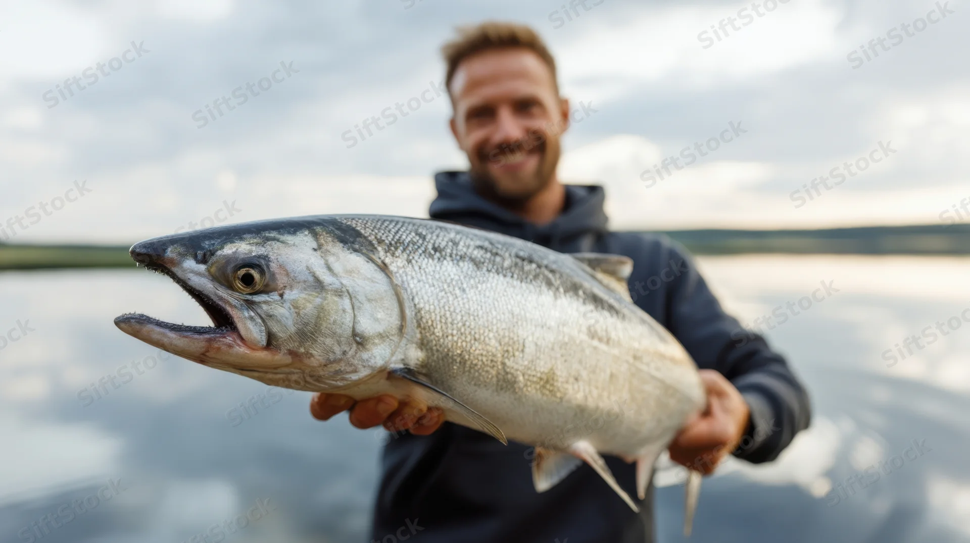 Man holding a large salmon by a lake, smiling at the camera