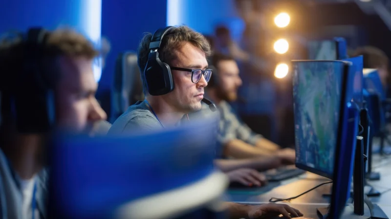 Gamer wearing headset and glasses focused on computer screen in esports arena